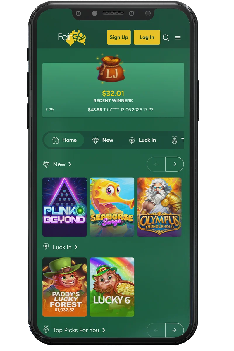 Screenshot of an online casino on a mobile phone